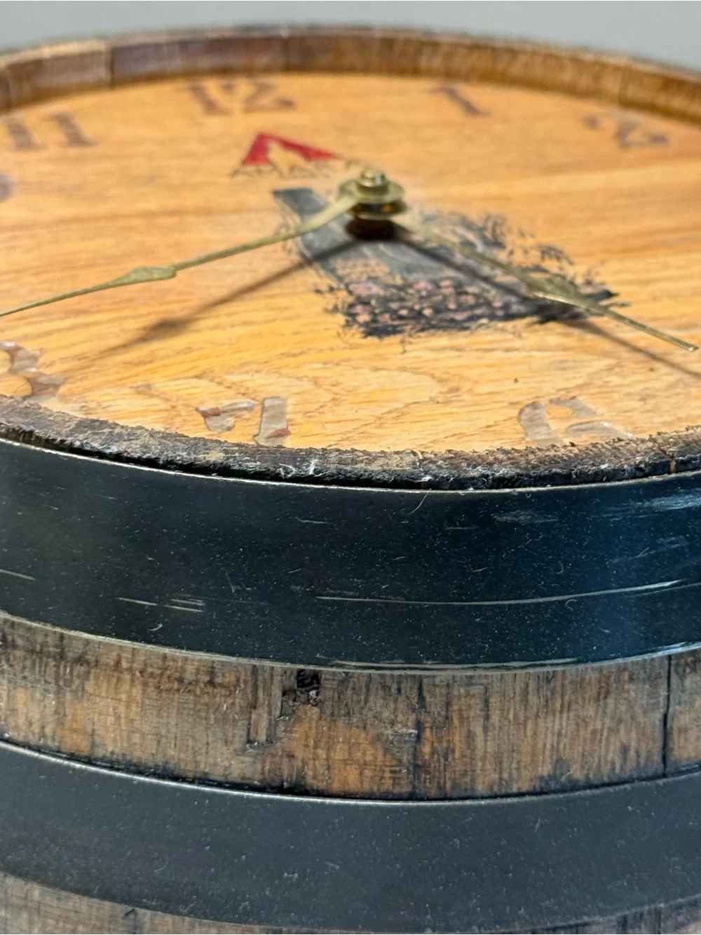 Hand made AMARA Wines Barrel Style Round wall Clock 10in Wood/Metal Analog